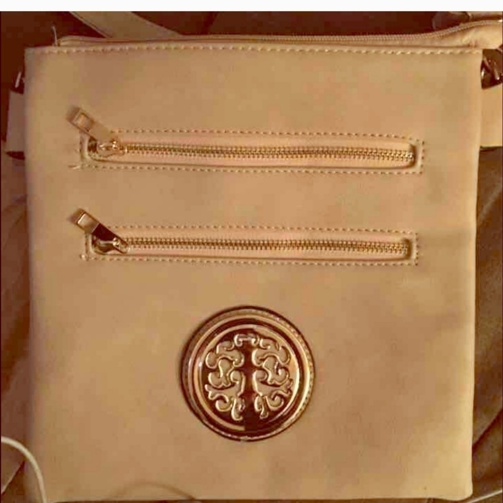 Dasein Beige Vegan Leather Multi-Pocket Crossbody Bag Gold Tree Logo Messenger